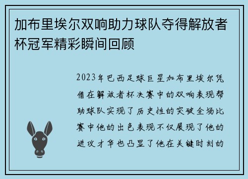 加布里埃尔双响助力球队夺得解放者杯冠军精彩瞬间回顾 加布里埃尔双响助力球队夺得解放者杯冠军精彩瞬间回顾