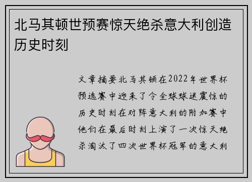 北马其顿世预赛惊天绝杀意大利创造历史时刻 北马其顿世预赛惊天绝杀意大利创造历史时刻